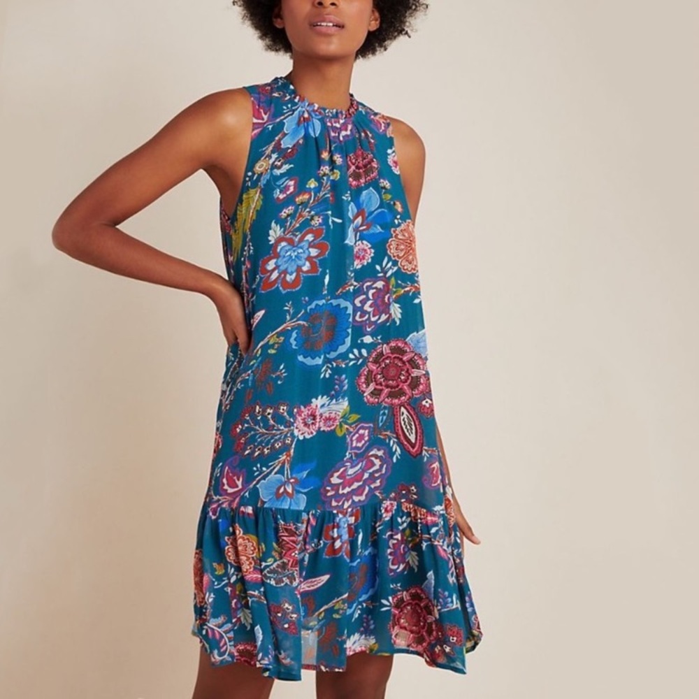 Anthropologie Natalie Flounced Dress Teal Floral Ruffle Trim Size M EUC